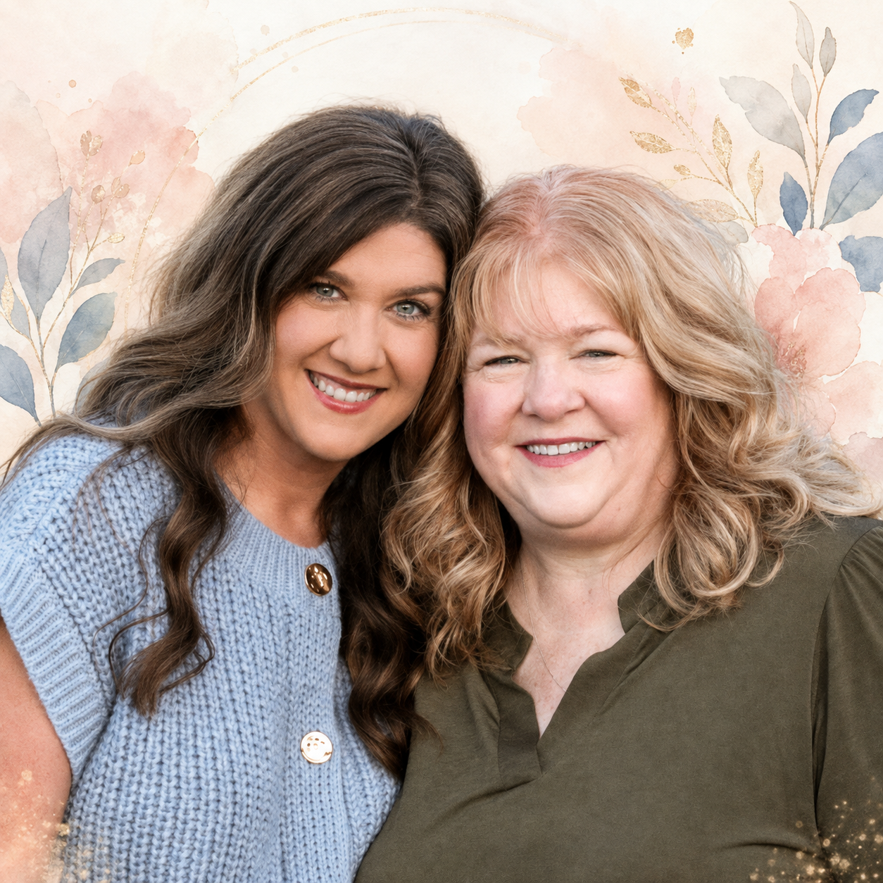 Momma and daughter leaning together, laughing, on the front porch